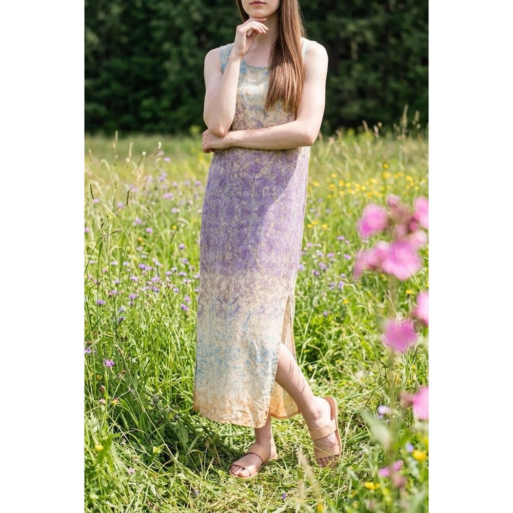 Joanna Vintage Womens M Sleeveless Maxi Dress Purple Blue Watercolor Artsy Boho